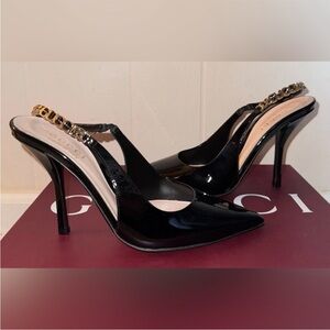 Gucci Signoria Slingback Formal Evening Pump Shiny Black Leather Women’s Size 5